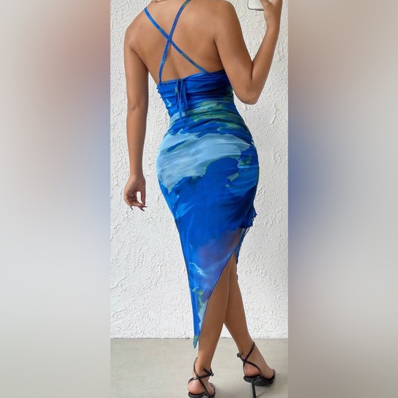 SOLD - Blue Bodycon Asymmetrical Dress - Picture 2 of 7
